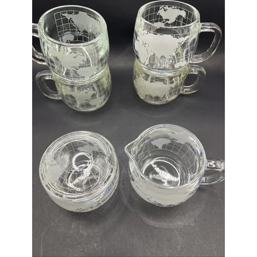 Vintage Nestle Nescafe Glass Coffee Mugs Set of 4 World Globe Creamer Sugar Lid
